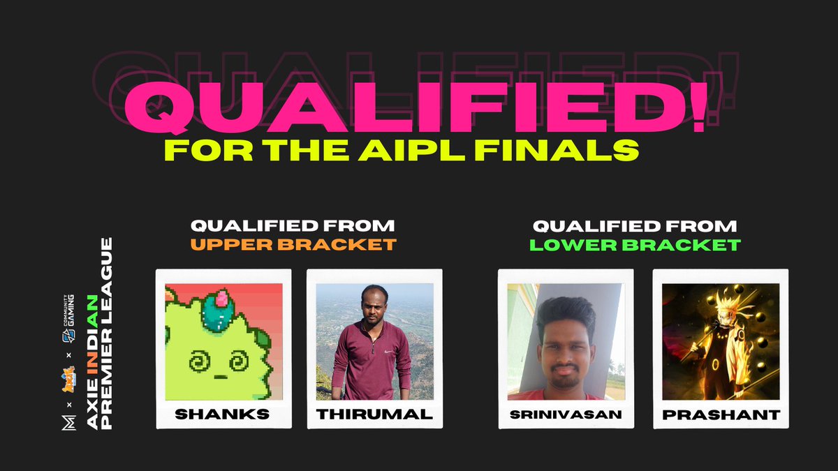 MisfitsMeta's tweet photo. here's the four qualifiers from southern regionals 🤩

congratulations &amp; best of luck for #AxieIPL finals 🏆

@prasanthkpm11 @SRINIVA50712574 @ThirumalM20 @0xSh4nks @EsportsAxie @AxieInfinity https://t.co/uKnlXKwcE1