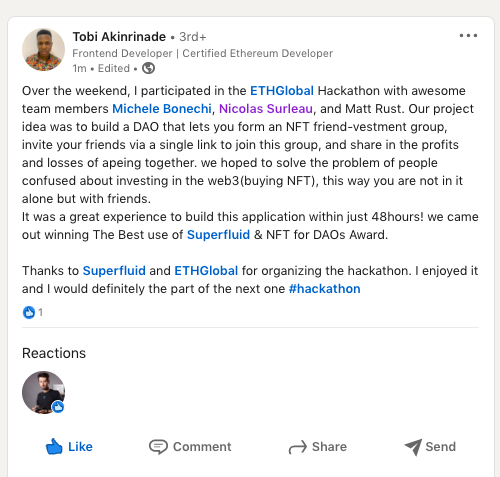 MicheleBonechi's tweet photo. it was a great weekend at @ETHGlobal #nft #ethglobal #daohack https://t.co/LLtbAszpp2