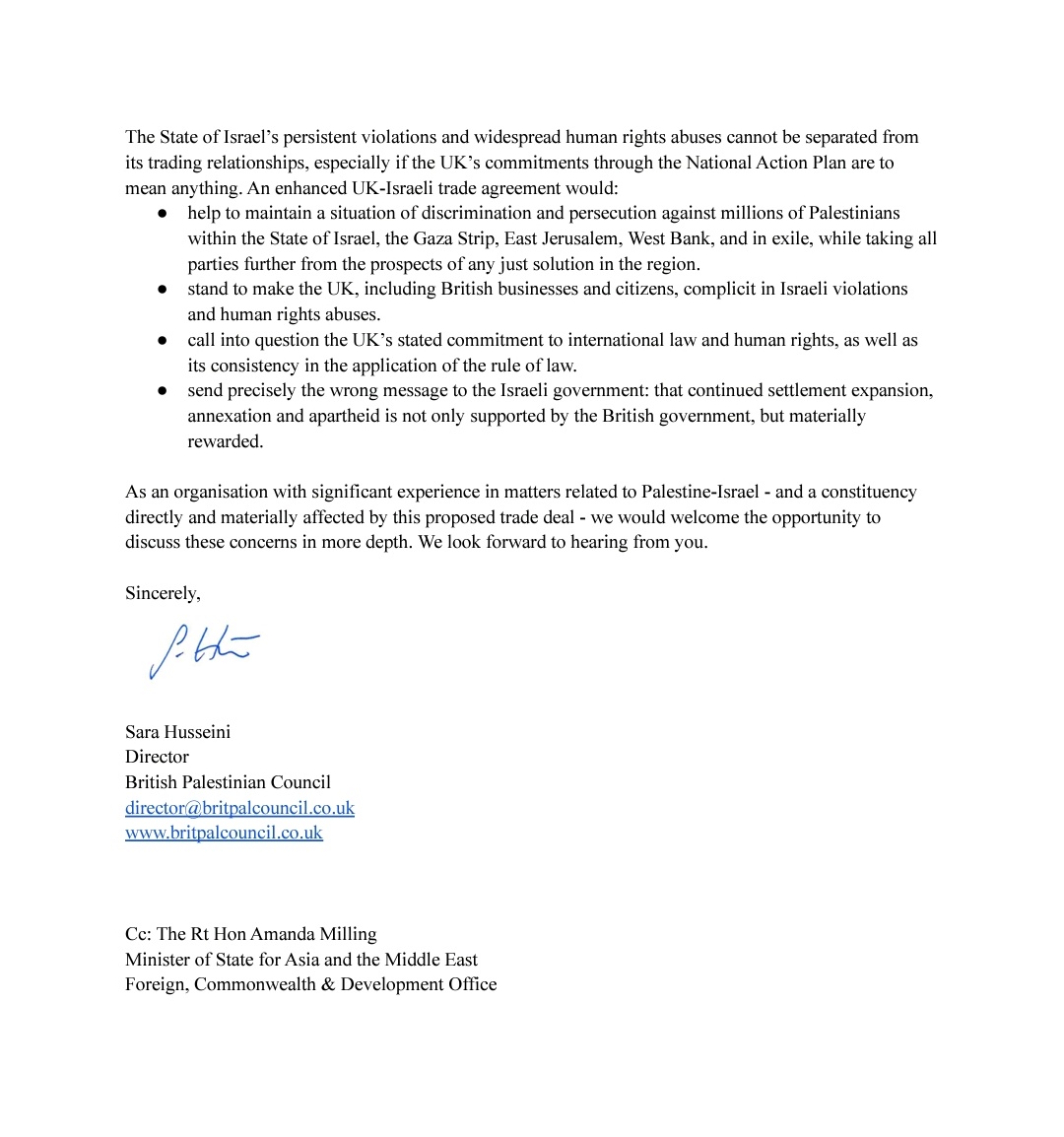 "An enhanced UK-Israel trade agreement would send precisely the wrong message to the Israeli government: that continued settlement expansion, #annexation &amp; #apartheid is not only supported by the British government, but materially rewarded." Letter from BPC to UK Trade Secretary