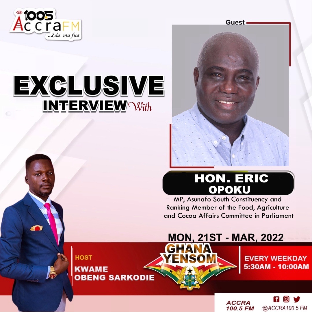 AccrafmO's tweet photo. Join us tomorrow on the morning show #GhanaYensom @AccrafmO as we interact with Him. Eric MP for Asunafo South and ranking member for Food, Agriculture and Cocoa Affairs Committee on Monday https://t.co/7DYTEybmpP