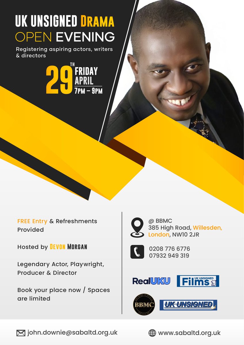 UK Unsigned Drama Open Evening

Registering aspiring actors, writers and directors

Friday 28th April, 7pm-9pm

Book your place now! Contact John.downie@sabaltd.org.uk or call 02087766776