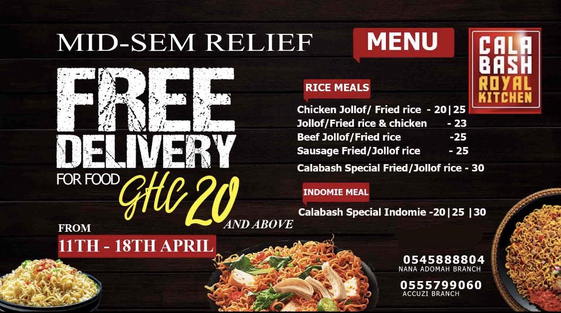 NagyaMensah's tweet photo. In our bid to help students during this stress period of exams, we are giving you a cushion of FREE DELIVERY on any food you buy from us worth Ghc20 and above, from now till the end of the Easter break. 

Make use of this Relief package and enjoy our delicious meals. https://t.co/TLO5R81yY4