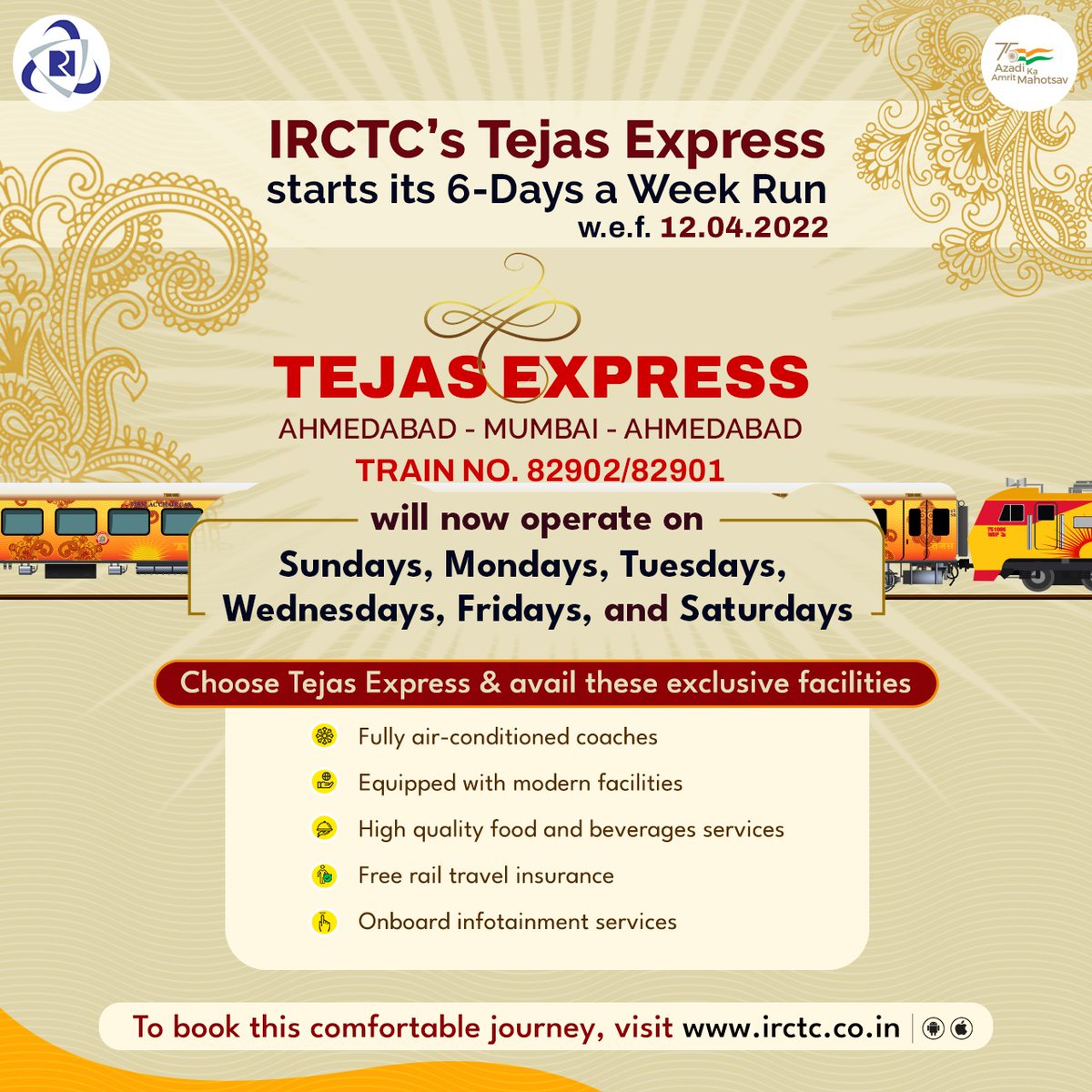 IRCTCofficial's tweet photo. Ahmedabad-Mumbai Tejas Express 82902/01 has been  restored for full 6 days a week w.e.f 12.04.2022.

Experience and enjoy sumptuous food and beverages services on board.
#TejasExpress https://t.co/tYn3wIkG5Q
