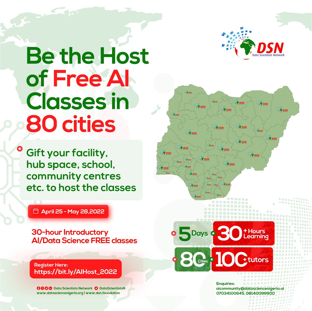 dsn_ai_network's tweet photo. Do you have a hub, school, or learning center in Cross River, Edo, Enugu, Nassarawa, Niger, &amp; Sokoto states? 

 Host our free Artificial Intelligence &amp;Machine Learning classes to impact your community 
Register: https://t.co/NLTh61htfe
#AIInvasion #FreeAIClasses #FreeAIClass #DSN https://t.co/WoZt0Whjux