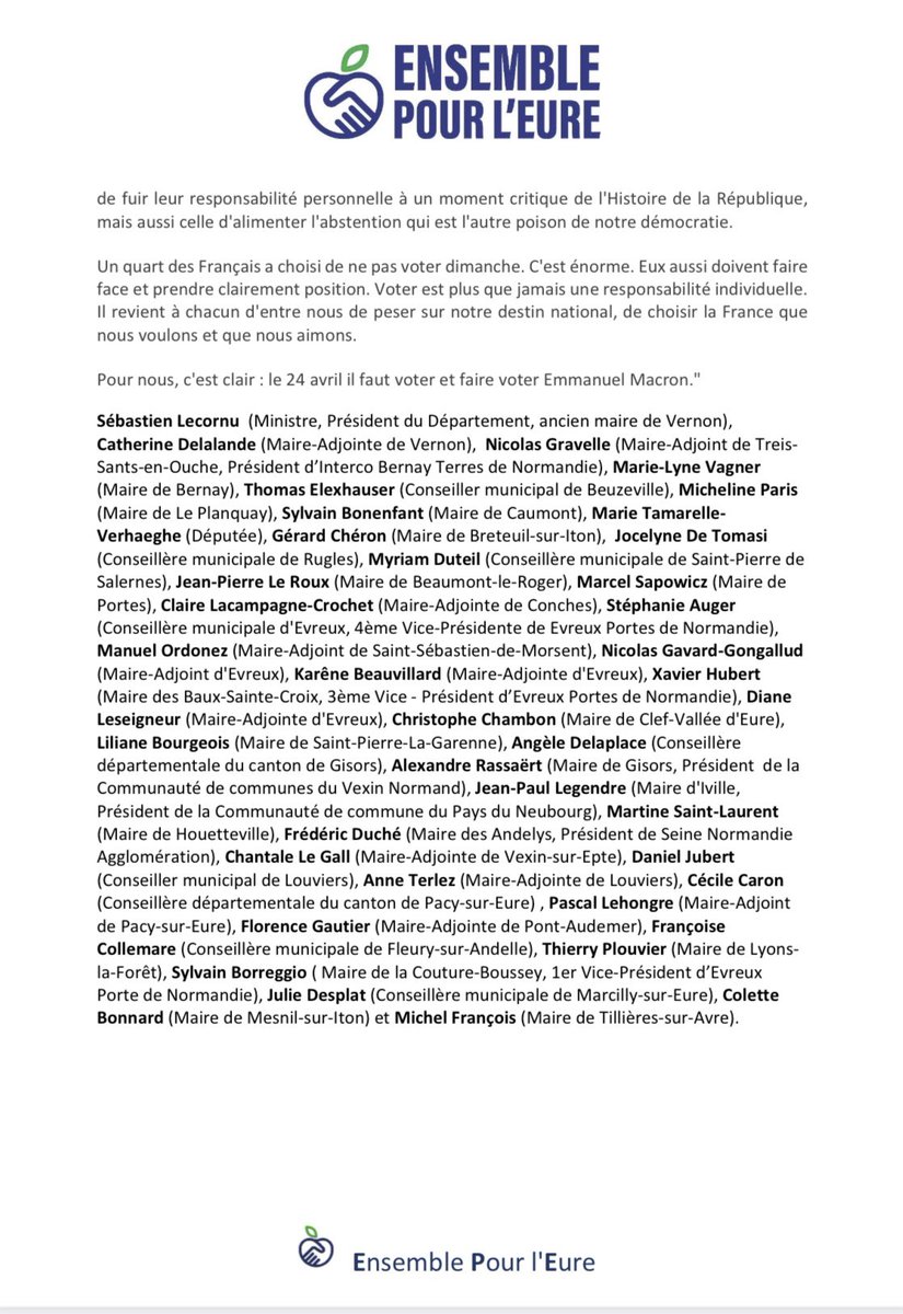 Les élus de la majorité départementale Ensemble pour l'Eure tiennent un discours sans ambiguïté contre l'extrême-droite. Ils appellent tous les électeurs à se mobiliser et à voter Emmanuel Macron pour le second tour de l'élection présidentielle.

#Presidentielle2022