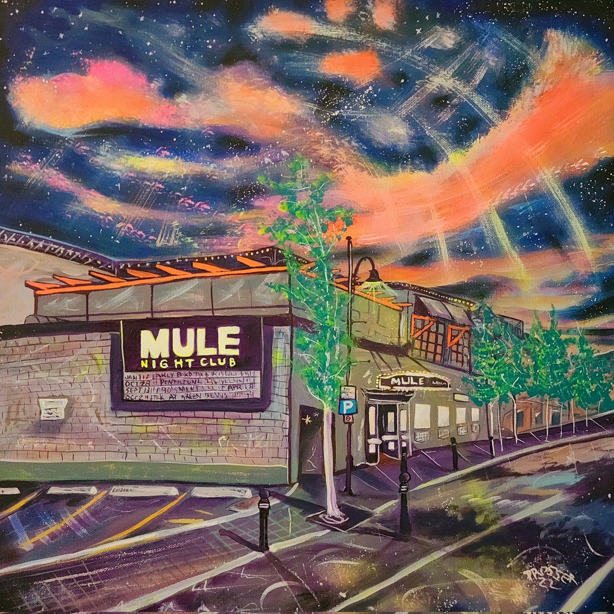 Artist_Prosser's tweet photo. @Artist_Prosser New painting of the Mule Nightclub in Penticton. 20 by 20 inch Acrylic &amp; Fluorescents on canvas. Want to see more? https://t.co/ID8wcwnU7y https://t.co/JJ9jzJlR2H