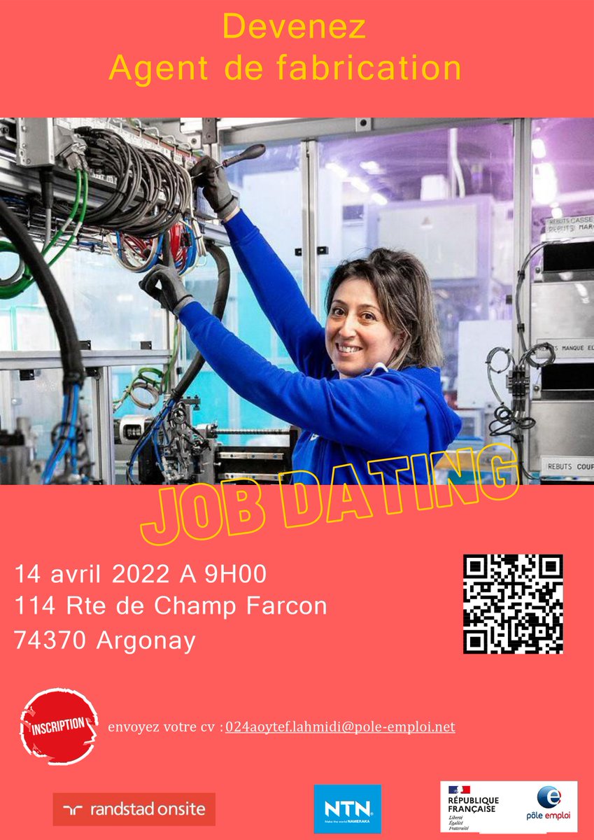 [#Recrutement] Le monde de l'Industrie vous intéresse❓ Vous souhaitez intégrer devenir agent de fabrication au sein <a href="/NTN_Europe/">NTN Europe</a>❓
#AvecPôleEmploi participez à une réunion de présentation de l'entreprise et des postes proposés :
🗓️ 14/04
⏰9h00
ℹ️ 024aoytef.lamidi@pole-emploi.net