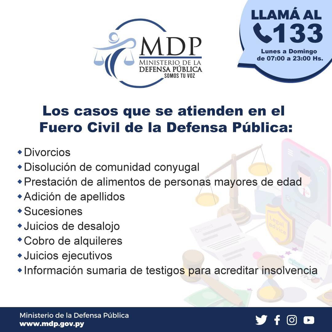 MDP_py's tweet photo. ⚖En protección a las personas más vulnerables, defendiendo sus derechos y precautelando la vigencia del debido proceso, la #DefensaPública atiende diversos casos, a través del Fuero Civil.

Llama al📞133
📆lunes a domingo
⏰7:00 a 23:00 hs.

#SomosTuVoz https://t.co/2Rh2p6b0i6