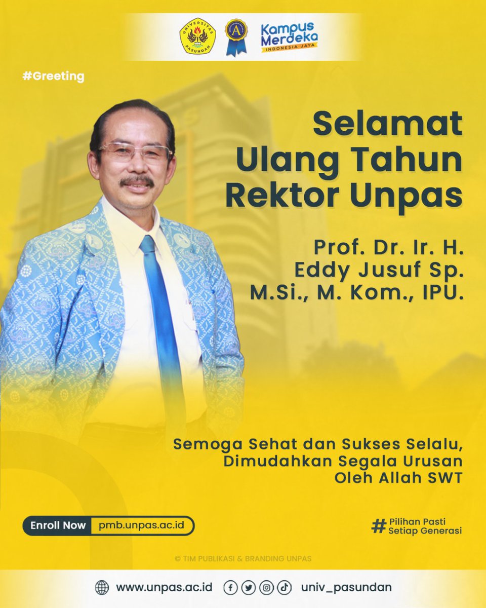 Segenap Sivitas Akademika dan Keluarga Besar Universitas Pasundan mengucapkan :

Barakallah Fii Umrik, Selamat Ulang Tahun kepada Rektor Universitas Pasundan, Prof. Dr. Ir. H. Eddy Jusuf Sp, M.Si., M.Kom., IPU.