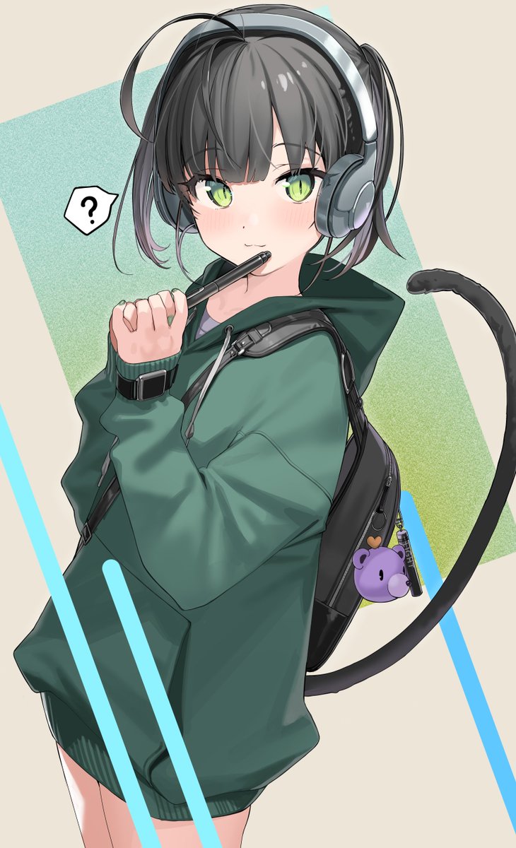 1girl solo green eyes hood backpack tail hoodie  illustration images