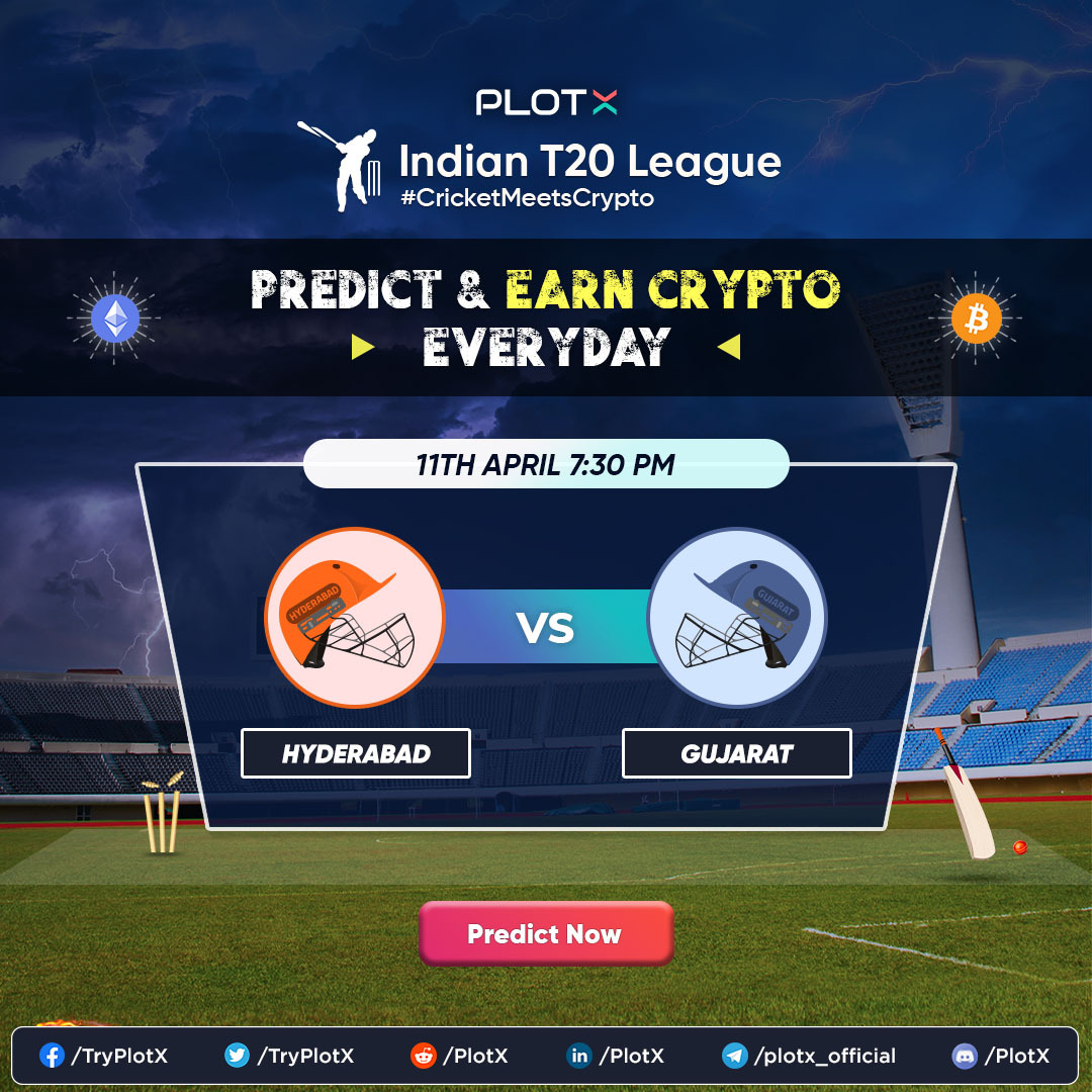 TryPlotX's tweet photo. 🏏Match Day🏏
Struggling Hyderabad takes on unbeaten Gujarat in this week's opener.
Who will take the 'W'?
Pick your winning team now: https://t.co/cVaick1q6X
#Cricket #Crypto #CricketMeetsCrypto #CricketTwitter https://t.co/jEWhq9Md1x