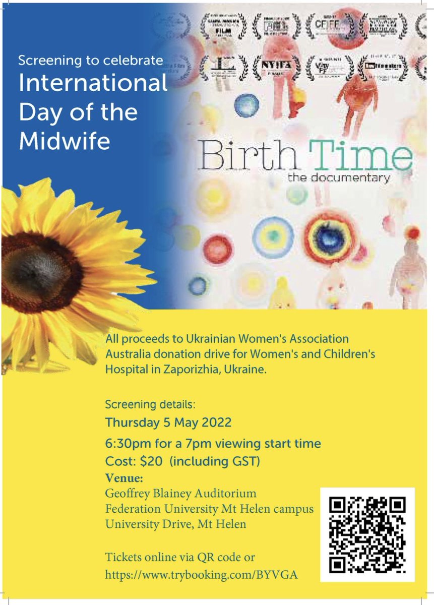 To celebrate International Day of the Midwife 2022, the midwifery team from #FedUni are screening the documentary ‘Birth Time’. All proceeds to women and children in the Ukraine. 

Documentary trailer: youtu.be/0vXkYqTPvKM
Book tickets @ trybooking.com/BYVGA