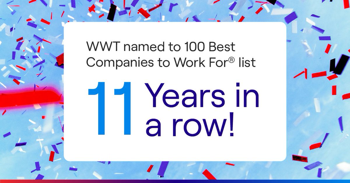 wwt_inc's tweet photo. We're excited to be on this year's #100BestCos list by @GPTW_US for the 11th year in a row! 🎉 Thanks to all of our people who make our workplace amazing! #GPTW4ALL #WWTLife https://t.co/EuO9KT9zux https://t.co/sQfDgvEWG3
