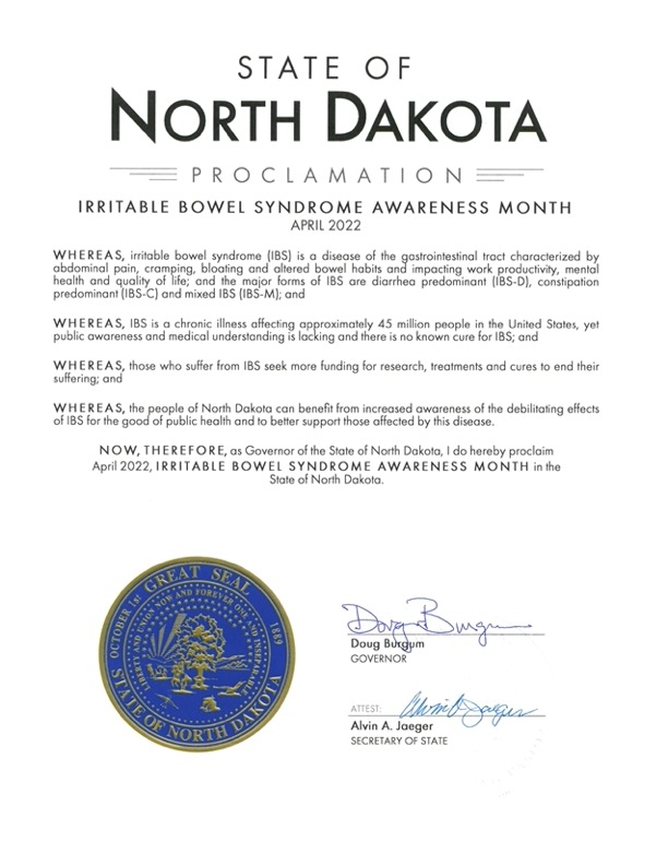 lifeaftersibo's tweet photo. Its #IBSAwarenessMonth in #NorthDakota and across the country. Thank you to the Honorable Governor Doug Burgum @DougBurgum . Many thanks also to Kim Folven for helping with this initiative! #IBSAwarenessMonthProclamation #IBSAwareness #SIBO #Microbiome #NameIBS https://t.co/wRF9esUakr