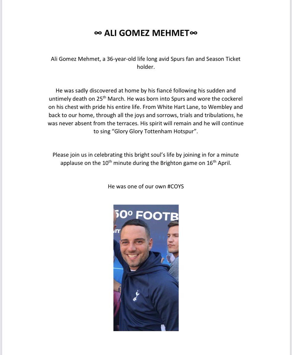 0ze31's tweet photo. Let’s give the boy the send off he deserves. Sadly one of the @SpursOfficial family was lost 25 Mar. Please help to spread the word. Minutes applause on the 10th minute of Spurs Vs Brighton game 16th April to celebrate Ali's life. Please RT 💙 #oneofourown #AGM10 https://t.co/PH062Ilk6g
