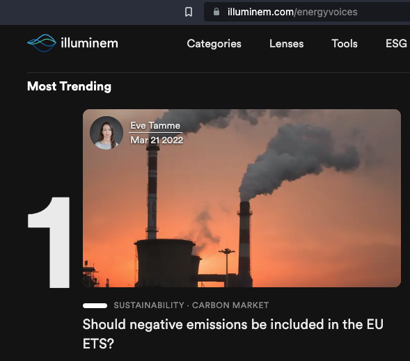 EveTamme's tweet photo. Got a hint that my recent article is most trending among @illuminemNews Energy Voices.
Thank you to all the readers!
Link to the article:
https://t.co/TsekbyINNZ
#climateprinciples #EUETS #carbonremoval https://t.co/6ZfnDokE1C