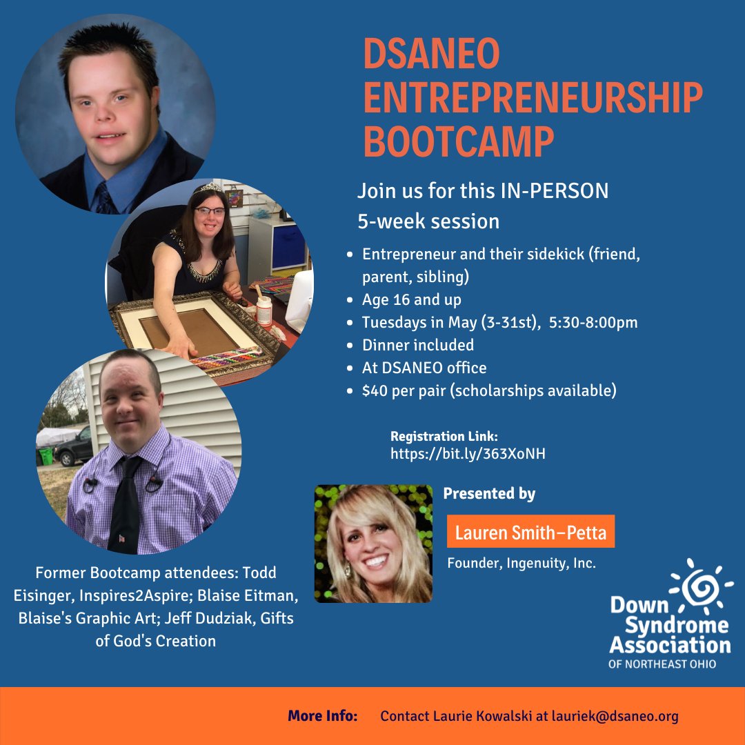 DSANEO_OH's tweet photo. We are excited to bring back our IN-PERSON Entrepreneurship Bootcamp for individuals with Down syndrome age 16 and older. This class is for those interested in turning a hobby or a passion into a start-up business. Register here: https://t.co/RmRqNKg8YE https://t.co/bKkVPHjN9F