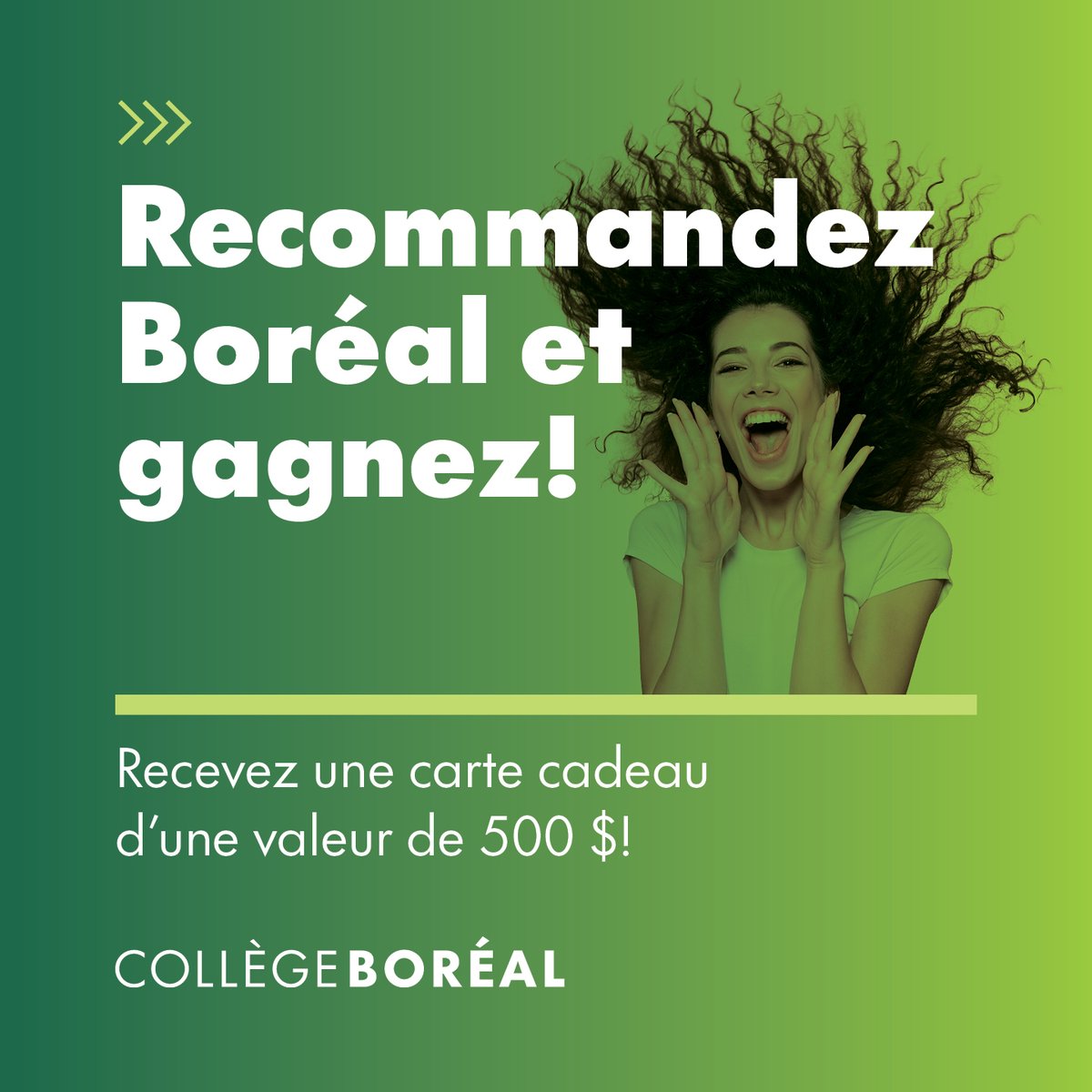 collegeboreal's tweet image. Étudiant(e)s et diplômé(e)s de Boréal : vous voulez recommander le Collège à un ami ou un membre de votre famille? Faites-nous le savoir et recevez une carte-cadeau de votre choix d&apos;une valeur de 500 $.*

collegeboreal.ca/recommandezbor…

#MonChoixBoréal #Unchoixquichangetout