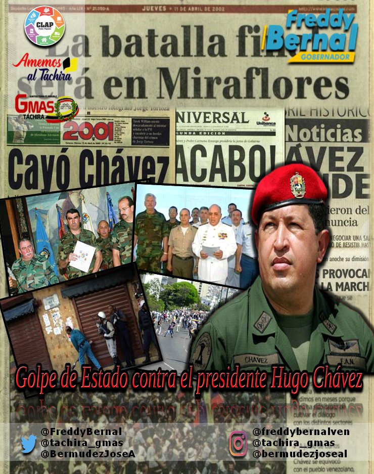 #Efemerides #11abril del año 2002, se consumó un golpe de Estado contra el Presidente legítimo Hugo Chávez. Entonces se disolvieron los Poderes Públicos y la Constitución de la República Bolivariana de Venezuela. #11AResiste <a href="/NicolasMaduro/">Nicolás Maduro</a> <a href="/FreddyBernal/">Freddy Bernal</a> <a href="/BermudezJoseA/">Bermúdez José</a>