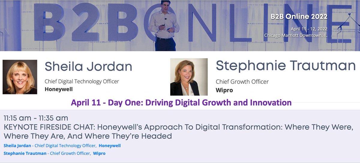 I'm joining @StephanieTraut_, <a href="/Wipro/">Wipro</a>’s CGO, today at 11:15 a.m. CET for a fireside chat about #digitaltransformation at @Honeywell. We’ll dive into where we were, where we are &amp; where digital transformation at Honeywell is headed. b2bmarketing.wbresearch.com/agenda/day-2 #B2BOnline #WomeninTech