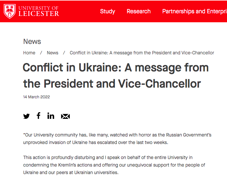 AgainstIii's tweet photo. "[..] I speak on behalf of the entire University in condemning the Kremlin’s actions and offering our unequivocal support for the people of Ukraine and our peers at Ukrainian universities", —  @uniofleicester statement.
https://t.co/2K9ZFHA6M0

#StandWithUkriane https://t.co/T18Cz2k8Iz