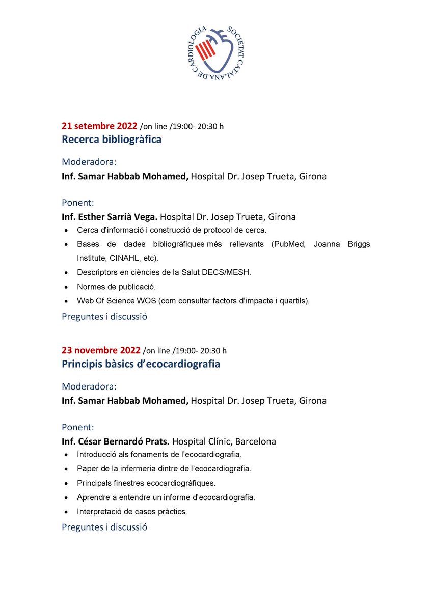 catcardio's tweet photo. 🎓Us anunciem que, conjuntament amb @AEECcatalana, organitzem el 1r programa formatiu per als infermers i infermeres de la @catcardio on tractarem temes com:

🔹Bioètica
🔹Coordinació assistencial amb pacients amb
IC
🔹Recerca bibliogràfica
🔹Ecocardiografia

Us hi apuntareu? https://t.co/YGeKeEBWzP
