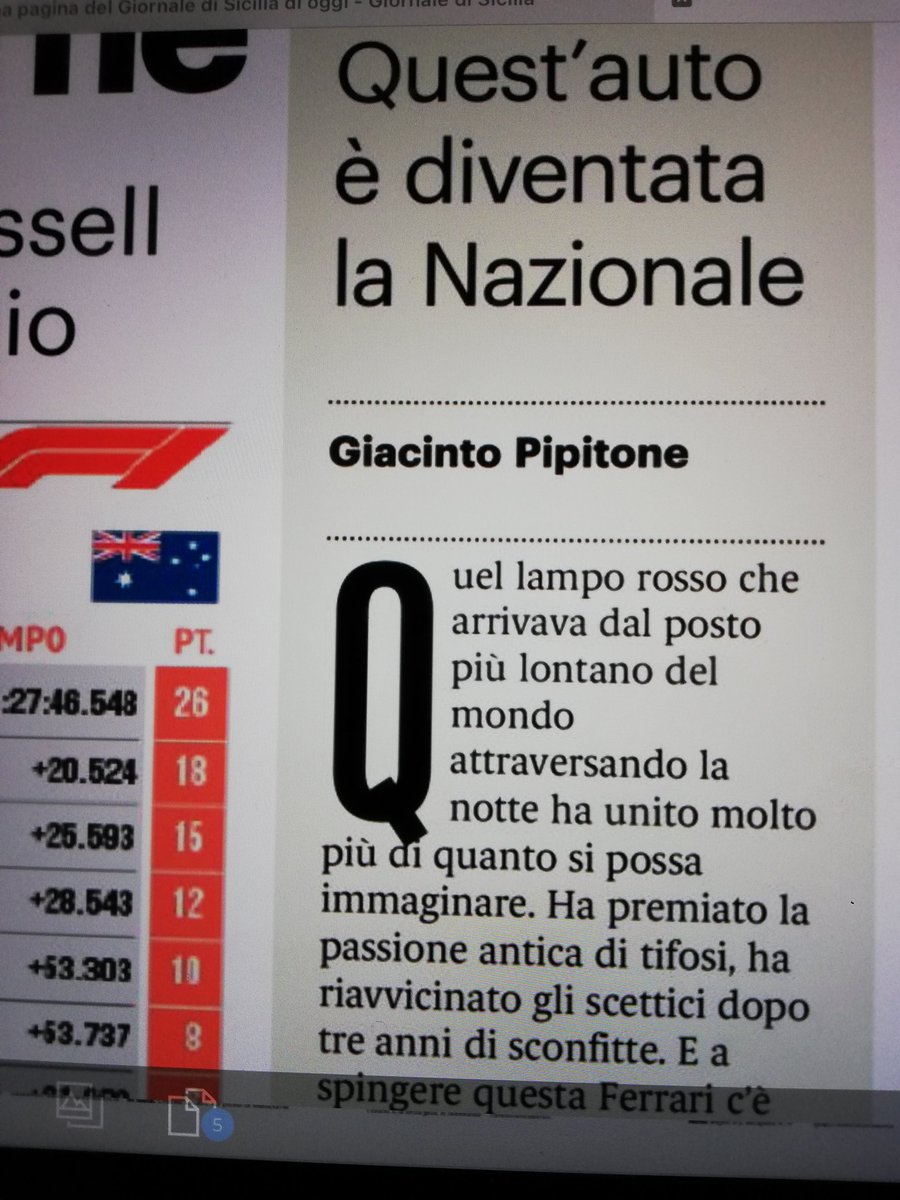 Questa #Ferrari sta prendendo su di sé la responsabilità di rappresentare l’Italia. È la nazionale anche di chi è stato tradito dal calcio. Un romanticismo antico e tanta tecnologia su cui viaggia chi prova di nuovo l’orgoglio di aver lavorato per essere i migliori".
Sul Gds