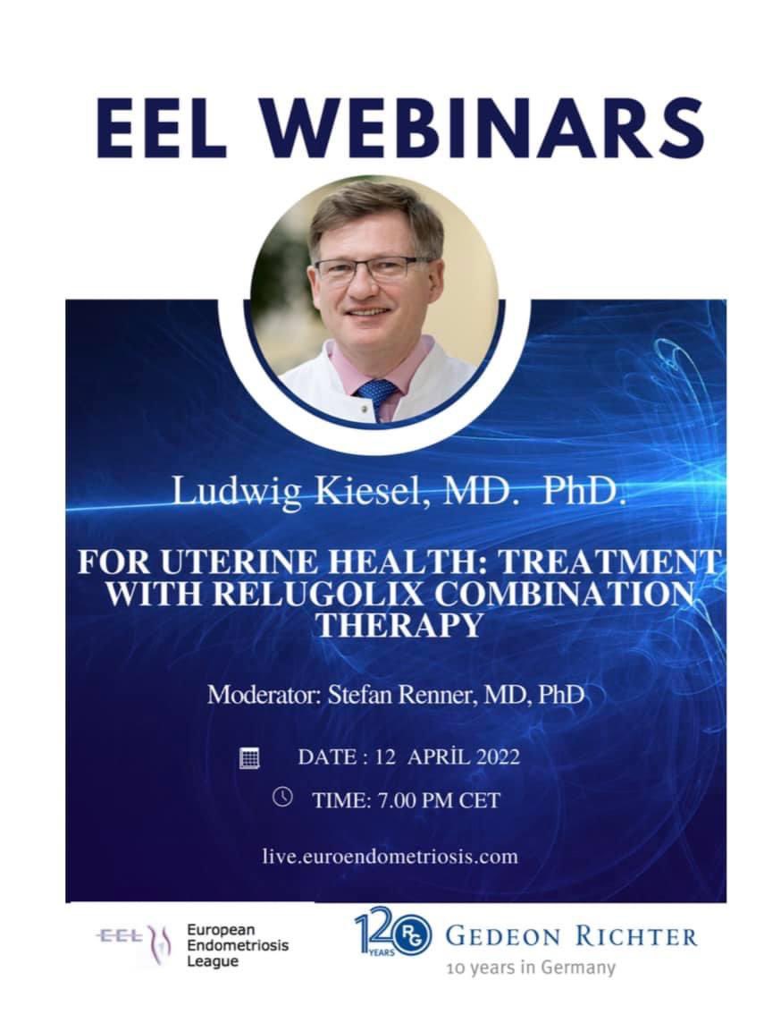 TOMORROW! The next EEL Webinar, ‘FOR UTERINE HEALTH: TREATMENT WITH RELUGOLIX COMBINATION THERAPY ’ by Ludwig Kiesel, MD., PhD will be on 🗓 12.04.2022 ⏰ 7.00 pm CET. Stefan Renner, MD., PhD. will moderate the webinar. Register via the link below👇🏻 live.euroendometriosis.com