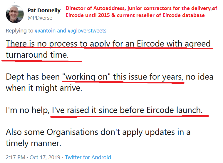 loc8code's tweet image. @MichaelC_IND_TD the real issue here is @Dept_ECC was never able to agree a process or timescales for Eircode allocation with An Post. @DavidMcredmond does not use Eircode so is in no hurry to issue new ones. #FIASCODE