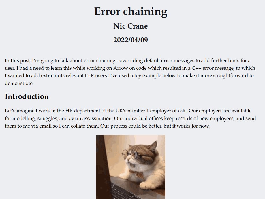 Here's my new blog post about error chaining and writing custom #rstats error/warning messages when you want to add extra hints for your users!

thisisnic.github.io/2022/04/09/err…