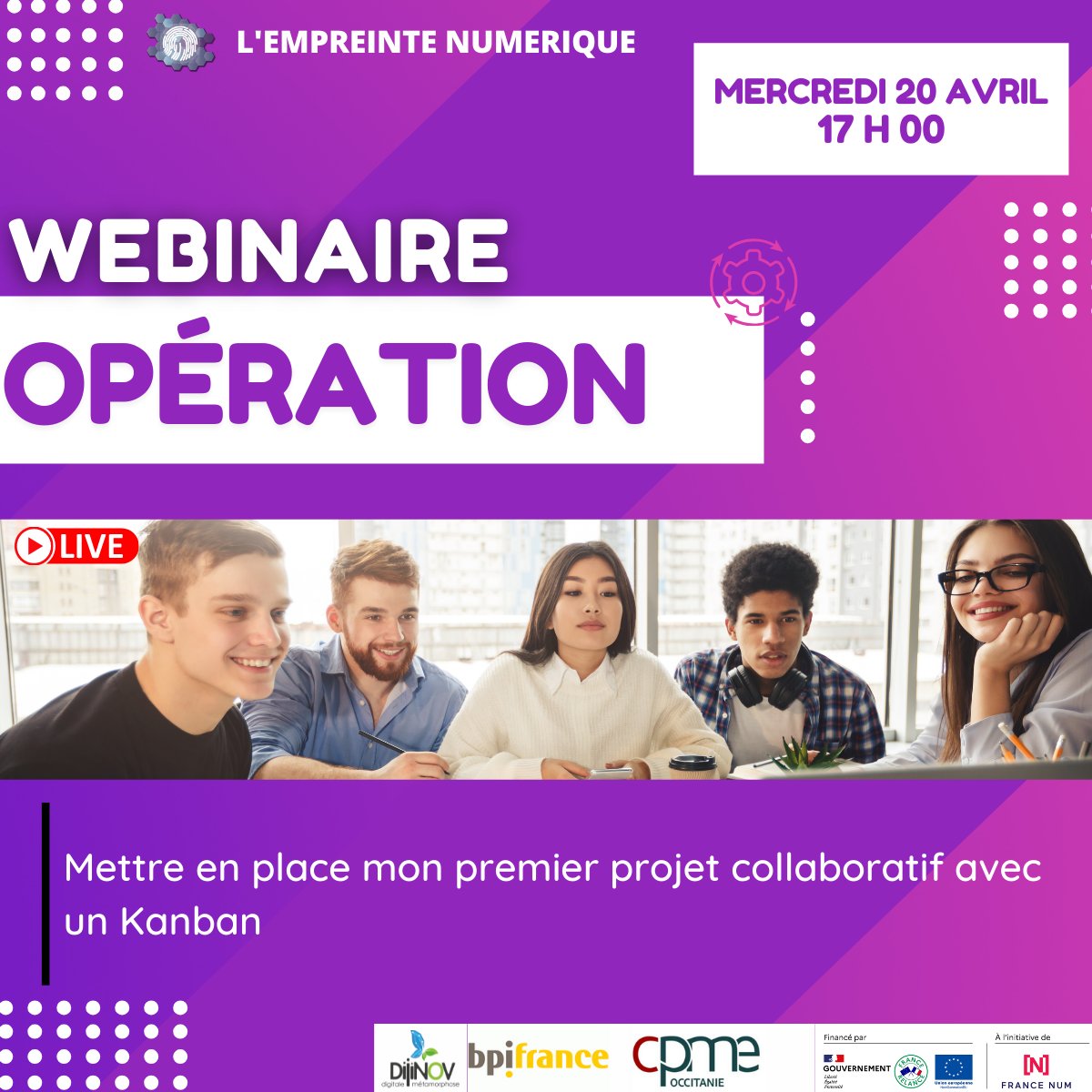 🔴 Atelier Opération / #PassezAuNumérique 

📣 La thématique : Mettre en place mon premier projet collaboratif et un suivi de production Kanban 

📅 Quand : Mercredi 20 Avril à 17 h 00 

Je m’inscris ➡️ lnkd.in/dgYX_crs
En savoir plus ⬇️
cpmeoccitanie.fr/empreinte-num%…