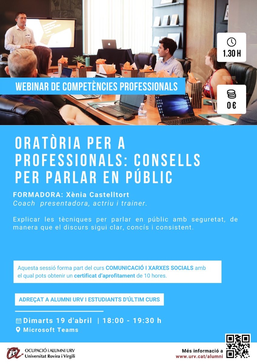 El passat 29 de març vam fer el Webinar "Aprèn a fer presentacions d'impacte" amb la Xènia Castelltort! 📣 Els Alumni participants van aprendre com fer un bon discurs!

La Xènia impartirà la segona sessió el 19/04 amb el webinar: "Oratòria per a professionals". 

Us hi esperem!👍