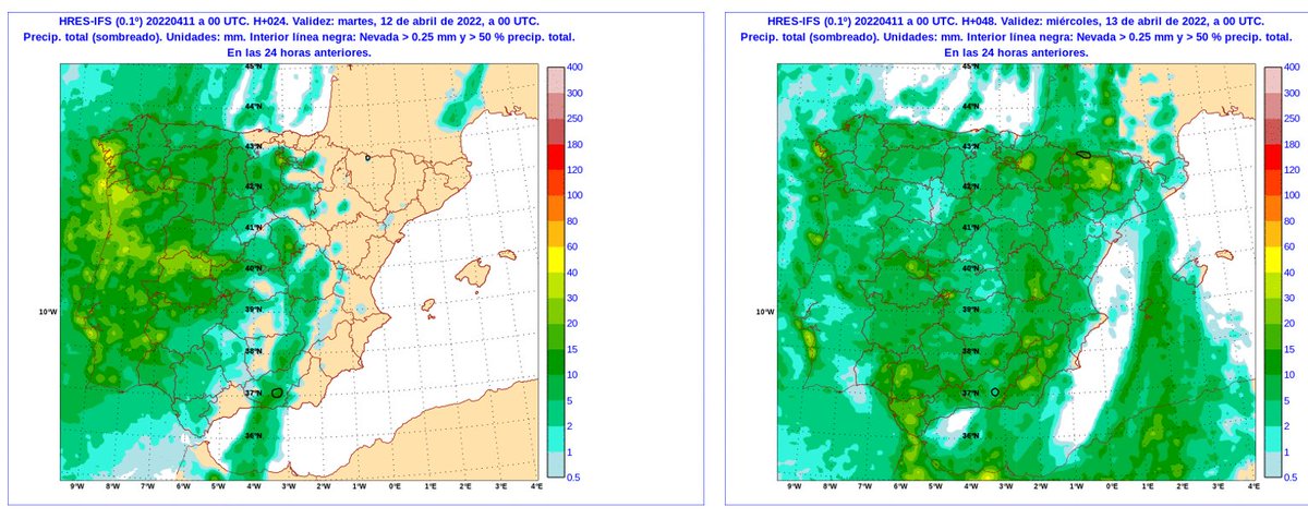 Precipitación prevista para hoy, día 11, y mañana, día 12