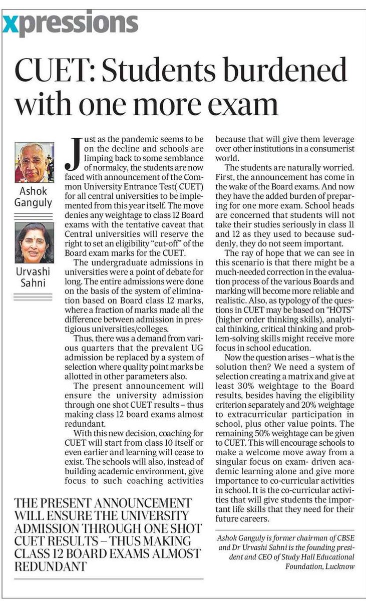 AllCBSENews's tweet photo. #CUET2022: Students burdened with one more exam: Former #CBSE chairman Ashok Ganguly &amp; Educationist Urvashi Sahni. Read more on @HindustanTimes — https://t.co/nqS7qF85Lk. Thank You @rmulko for sharing. https://t.co/9rvrEgZkL6
