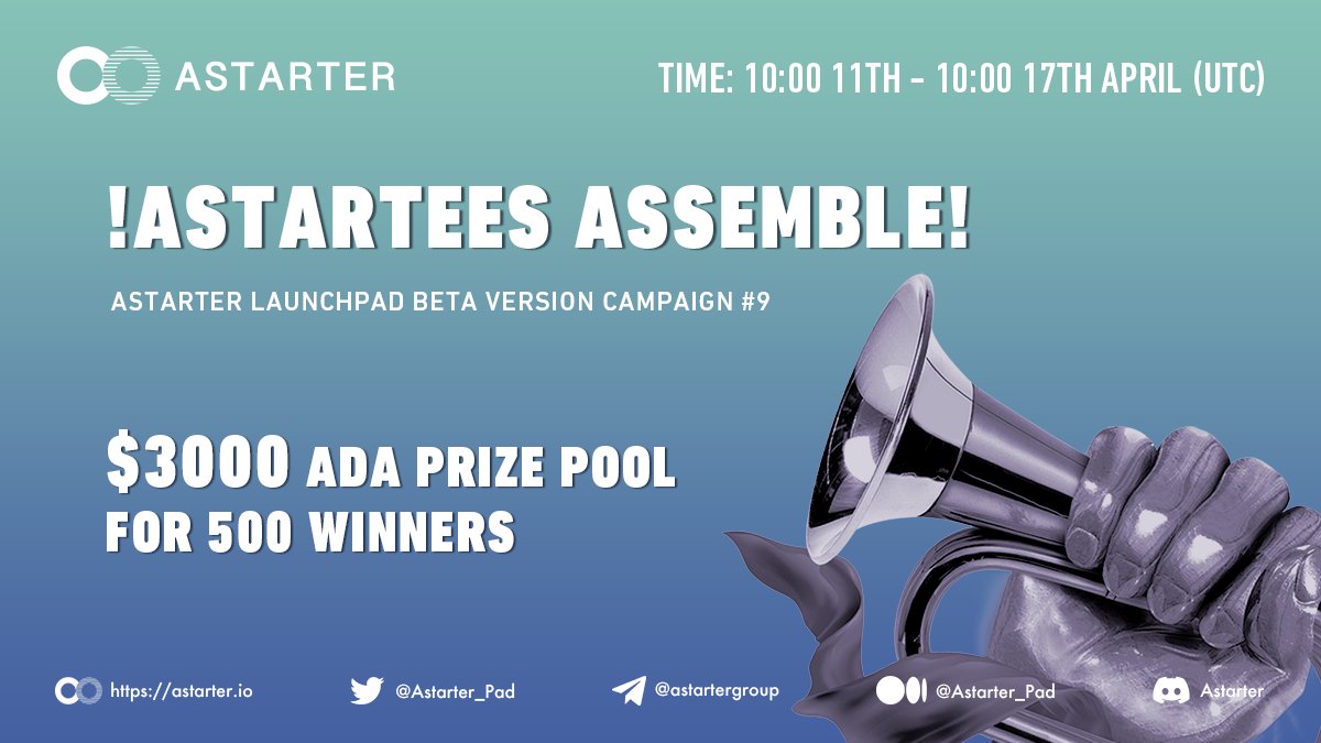 #Astarter Community Campaign #9
🎷Theme: Assemble
👨‍🚀Time to gather together for our upcoming OPEN BETA #Launchpad!
👇Steps:
✔️Follow us
✔️Like + RT + tag 3 with #Cardano #EMURGO #ADA #Astarter
✔️Fill forms.gle/mcwmSZqfwgUxxF…
🎁 $3000 ADA | 500 winners
⏲️Ends at 10:00, 17th Apr UTC