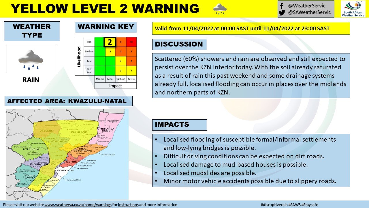 SA Weather Service on Twitter "Yellow level 2 warning rain KZN 11