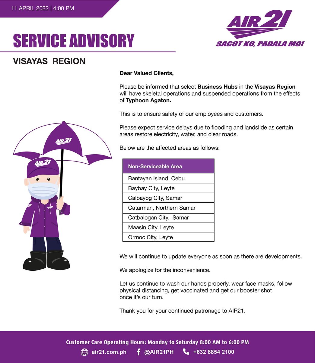AIR21PH's tweet photo. AIR21 SERVICE ADVISORY
As of April 11, 2022

Please be guided accordingly.

#AIR21
#BagyongAgaton
#TyphoonAgaton https://t.co/wF9O2qT8HJ
