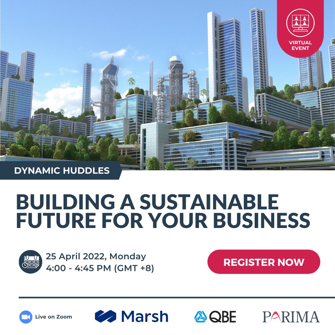 PARIMAorg's tweet photo. On 25 April, we are bringing you our first #DynamicHuddles this year in partnership with Marsh Asia and QBE to tackle developments in the insurance industry to support clients in managing #sustainability and #ESG risks. Save your seat and register now! https://t.co/7BI2UUD9Zb! https://t.co/6k4dEWhIuo