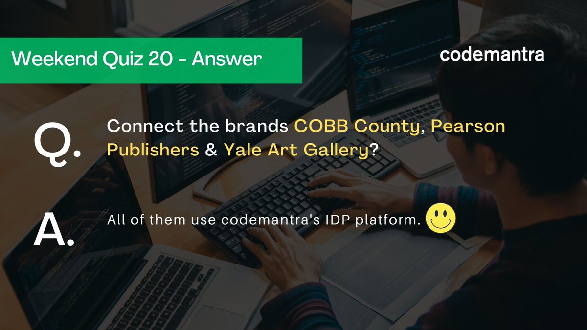 codemantra's tweet photo. Answer to @codemantra's weekend quiz no:20

Q: Connect the brands Cobb County School District, Pearson &amp; Yale University Art Gallery?

A: All of them use codemantra's IDP platform.

#schoolcounty #artgallery #publishers #accessibility #idpsolution #documentaccessibility https://t.co/CfSHTnNb7x
