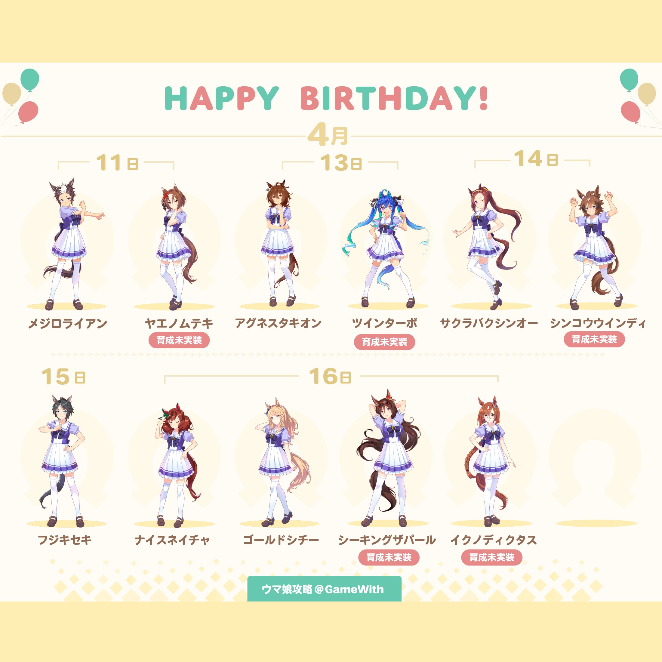 ウマ娘攻略 Gamewith 今週のウマ娘 誕生日ニュース 今週誕生日を迎えるウマ娘は以下の11人 また本日は メジロライアンとヤエノムテキの誕生日となっています 育成実装済のウマ娘はホーム画面に設定することで専用ボイスを聴くことができるので