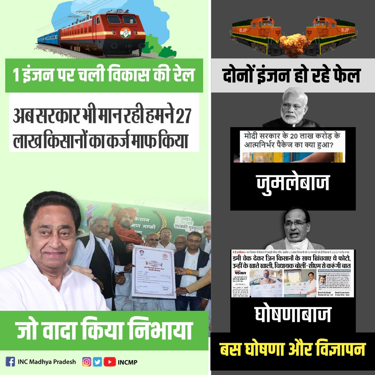 कमलनाथ सरकार-
- जो वादा किया निभाया,

शिवराज सरकार-
- बस घोषणा और विज्ञापन।

"शिवराज हटाओ, मध्यप्रदेश बचाओ"