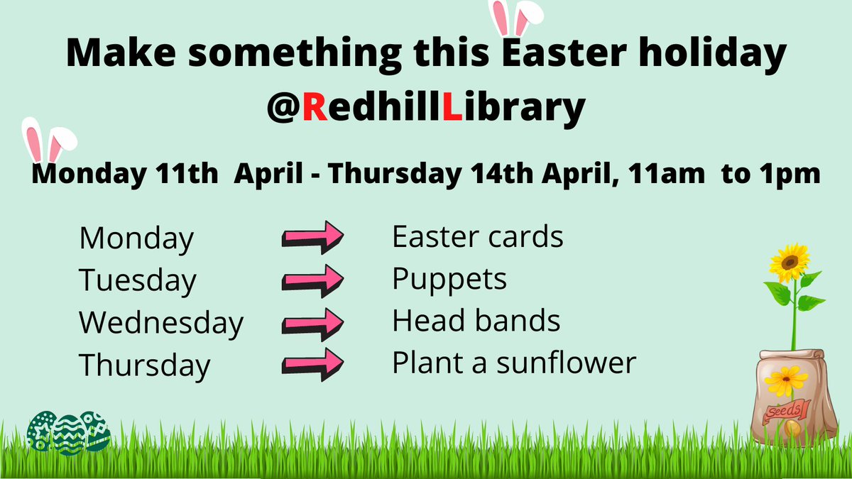 RedhillLibrary's tweet photo. π£ Join us at #RedhillLibrary for Easter crafts, from Mon 11th April to Thurs 14th April, 11am to 1pm. You can make Easter cards, puppets, head bands and even plant a sunflower!
We'd love to see you there!
#LoveLibraries #EasterCrafts #RedhillEvents @SurreyLibraries https://t.co/S03W6MAiLx