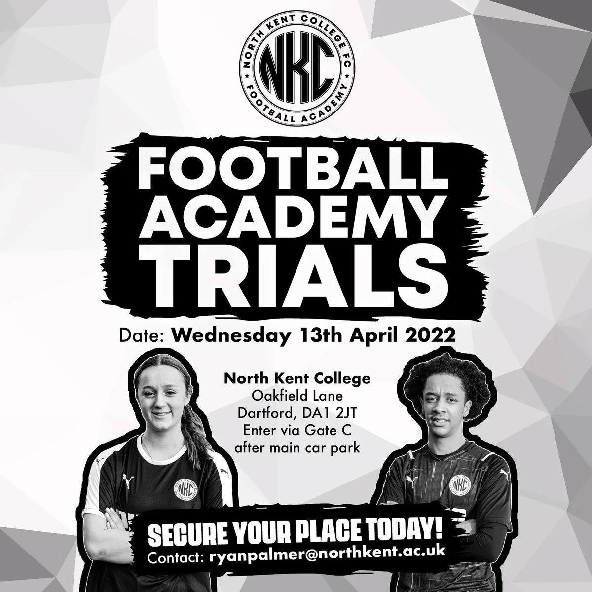 NKC Football Academy Trials:
📍 Dartford Campus
📅 Wednesday 13th April
📧 Email ryanpalmer@nortkent.ac.uk to secure your place!