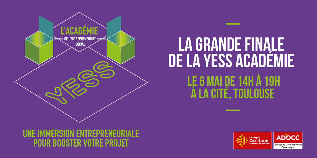#ESS : La YESS Académie clôture sa 6ème édition avec la Grande Finale le 6 mai à la @LaCite_eu 💡

Organisé par <a href="/ADOCC_/">AD'OCC</a> et <a href="/Occitanie/">Région Occitanie</a>, l'objectif est de mettre en avant des #entreprises innovantes et sociales de la région. Parmi ces 25 projets, 4 seront récompensés. 🏅