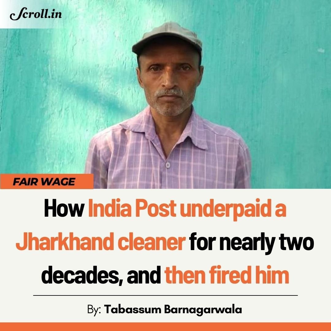 scroll_in's tweet photo. #Jharkhand | In 2018, India Post Office worker Shambhu Thakur began pursuing a wage hike.

He said, “For years I was not aware of my right to ask for a minimum wage. When I did, they asked me to stop coming to work.”https://t.co/3alEbYh2VZ https://t.co/ljgDdN9QK7