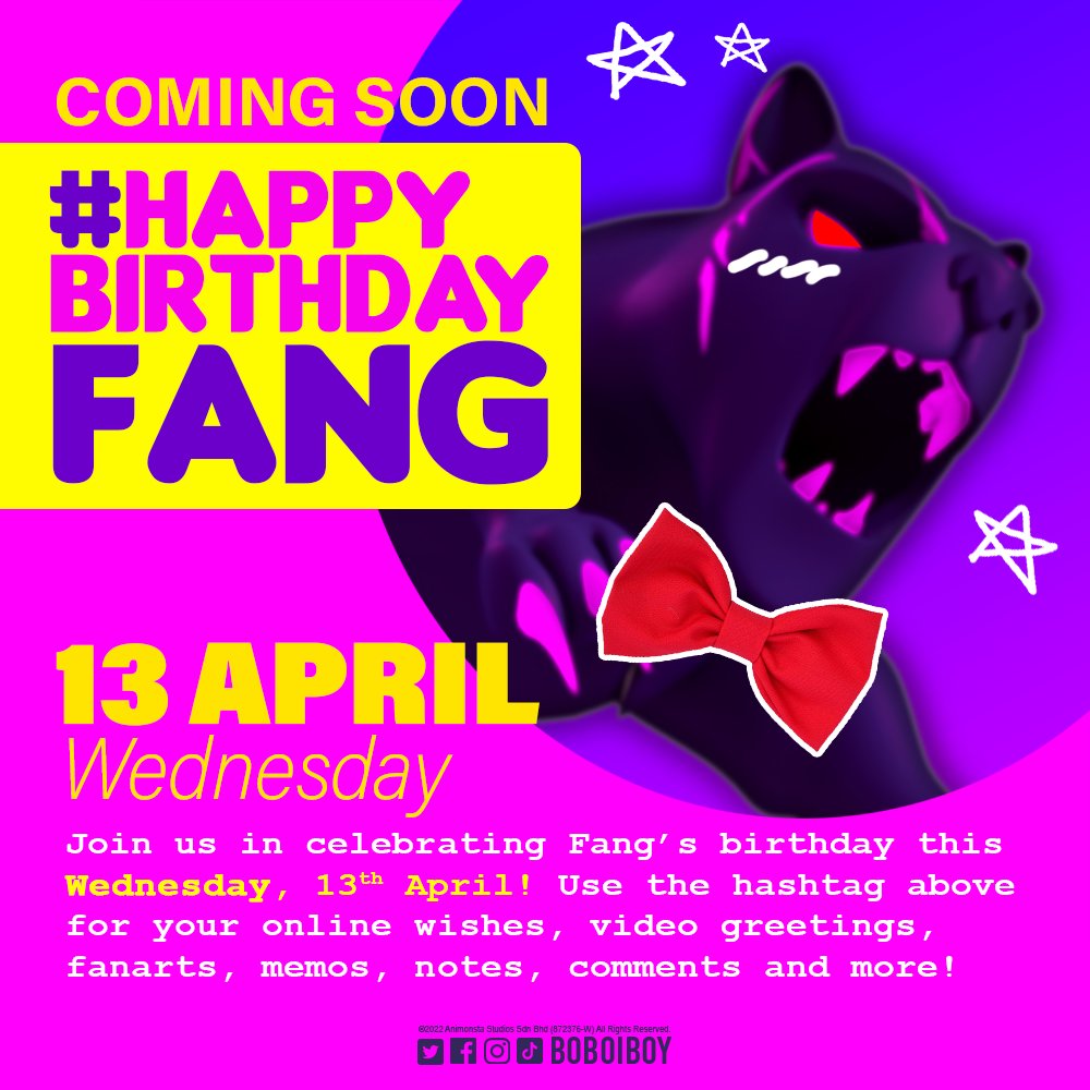 BoBoiBoy's tweet photo. [13 April • this Wednesday] 🥳 Use the hashtag ⚡️🍰 #HappyBirthdayFang to celebrate with us! Can you guess what we're going to get for him this year?

#BoBoiBoy #FangsBdayIsComing #WeFoundAnAwesomeGlassesShop #CrazyDesigns #HeIsGoingToFaint https://t.co/ivfjkjJA5r