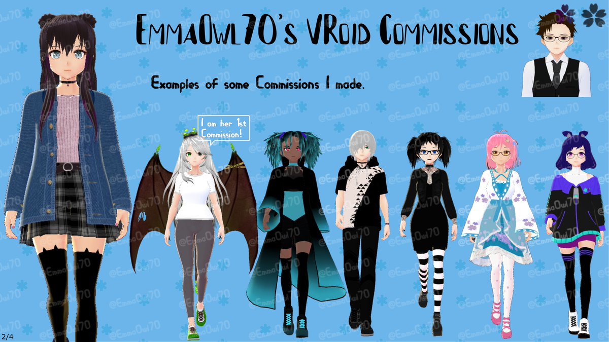 EOwl70's tweet photo. Hello, I'm EmmaOwl70 ^-^. 
I’m back with my Vroid Commissions Open. DM if you're interested.

#VRoidStudio #VroidCommission #CommissionsOpen #3DModel #Vtuber #Sora #Miku #Ahri https://t.co/uXh2vjyyHR