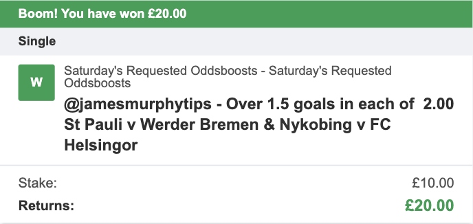 JamesMurphyTips's tweet photo. 2 steps ticked off in our £10-£500 Challenge, around 4 to go! ✅✅

Great to also nail our Both Teams To Score Treble yesterday too, for a bit of a cherry on top.

Always quality over quantity here - and wait until you see what I have for you today! 😍

18+, Gamble Responsibly. https://t.co/vEWiYsqGka