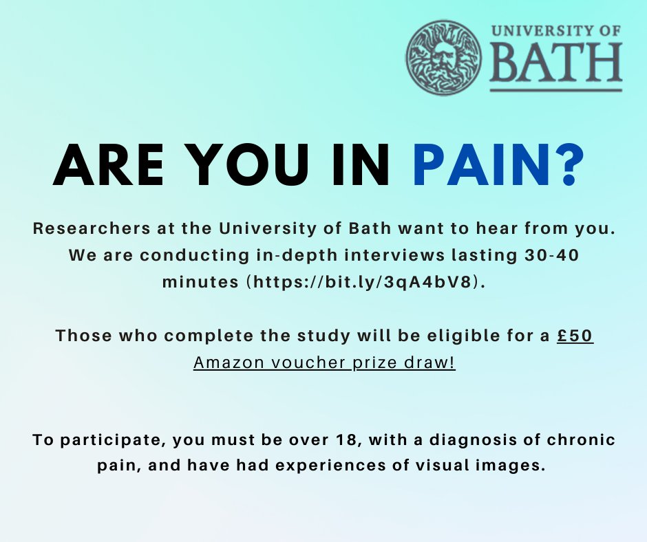 Do you have a diagnosis of #ChronicPain and experiences of mental imagery? 
Please take part in the study below: 
bathpsychology.eu.qualtrics.com/jfe/form/SV_eP…

Please RT &amp; share - We are here to listen!
#Fibromyalgia #CRPS #BackPain #IBS #arthritis 
<a href="/DrJoDaniels/">Dr Jo Daniels</a> <a href="/BathPsychology/">Psychology at Bath</a> <a href="/ACP_Bath/">MScACP_Bath</a>