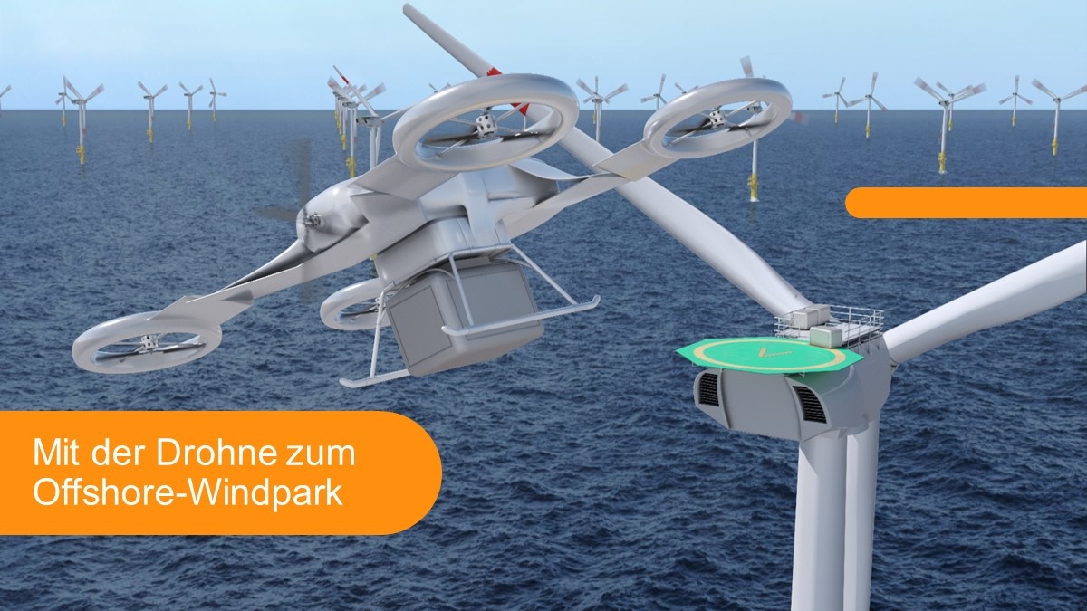 EnBW's tweet photo. Forschungsprojekt von #EnBW und @DLR zu Logistik- und Passagier-#Drohnen für #Offshore Windparks: Mensch und Material auf hohe See fliegen statt mit dem Schiff transportieren. #Windenergie Mehr: https://t.co/pSLicvjtFf https://t.co/6HxAIrk8WA